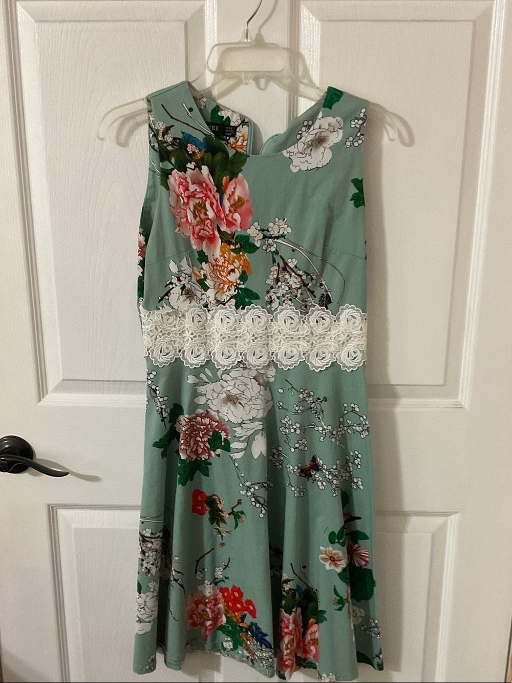 Mint Green Floral A-Line Dress with Lace Waist